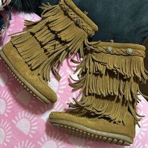 Minnetonka Tan Fringe Boots with Button Accents